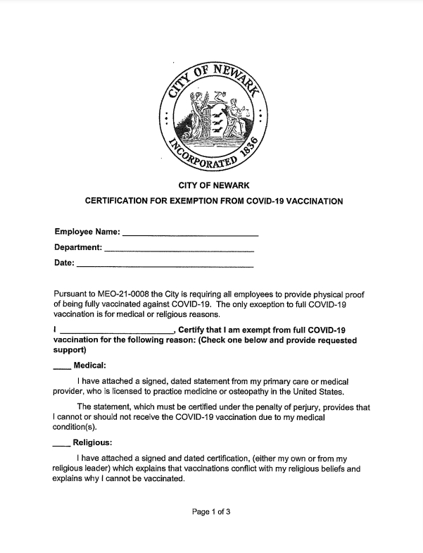 Certification For Exemption From Covid 19 Vaccination Newark 